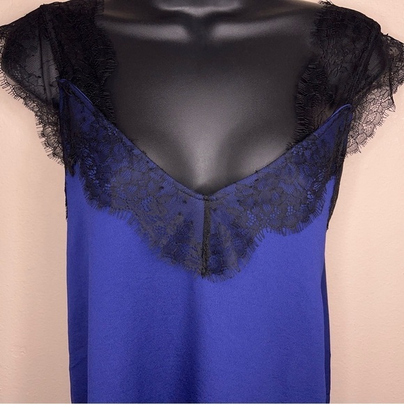 LARGE HIPPIE CHIC BLUE BLACK LACE SLEEVELESS TOP GLAM SATIN - Picture 5 of 12